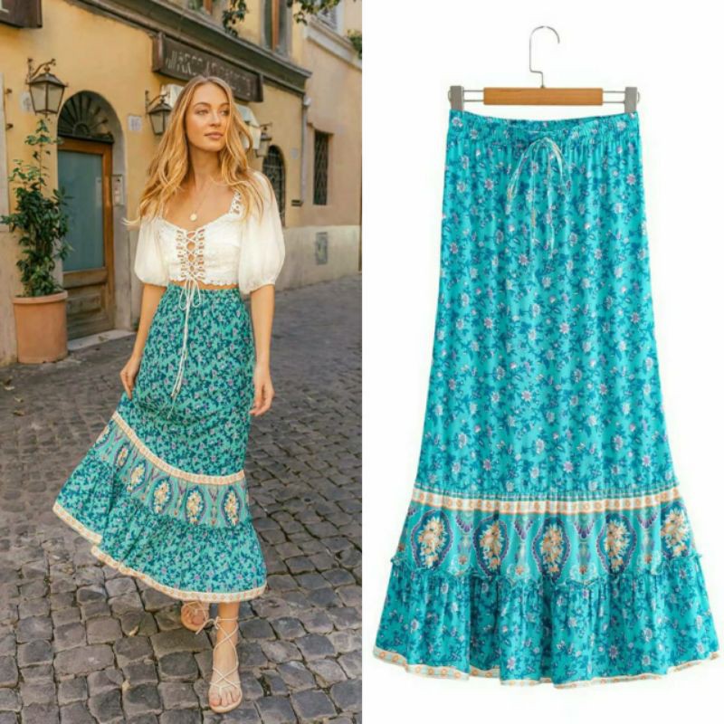 Jual blue summer flower skirt rok bohemian boho etnik gipsy Shopee Indonesia