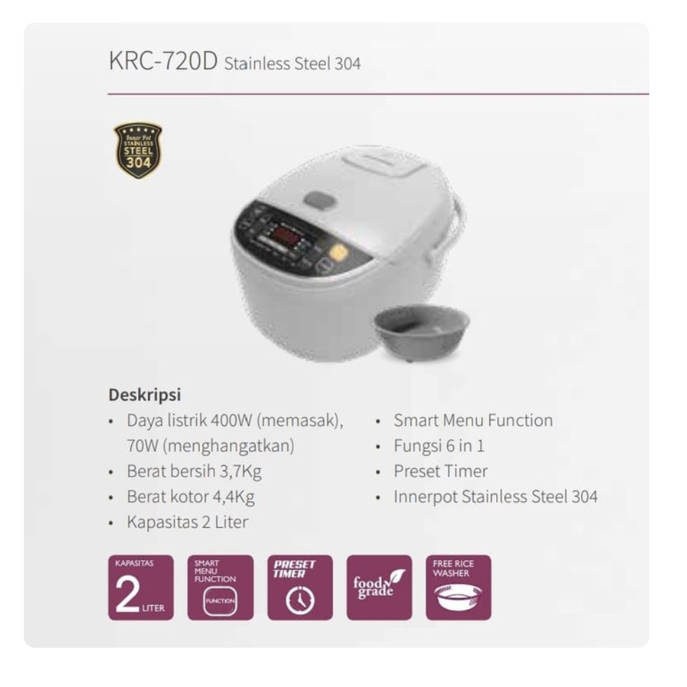Jual Rice Cooker KIRIN KRC 720 D 2 liter Shopee Indonesia