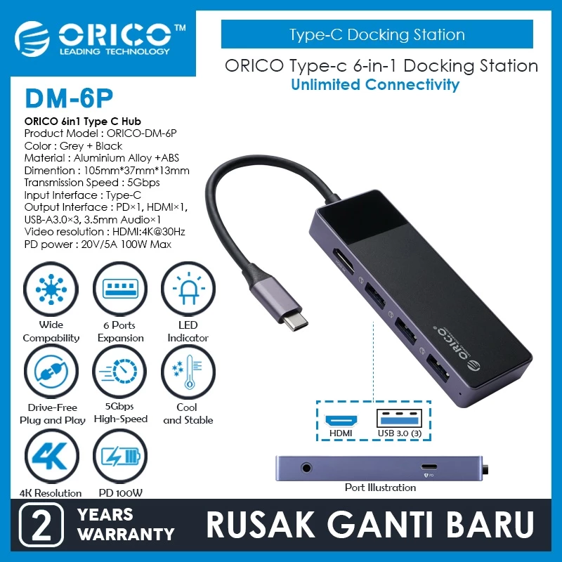 ORICO 6 in 1 Type C Hub 3x USB 3.0 PD 60W HDMI 4K 30Hz AUX - DM-6P