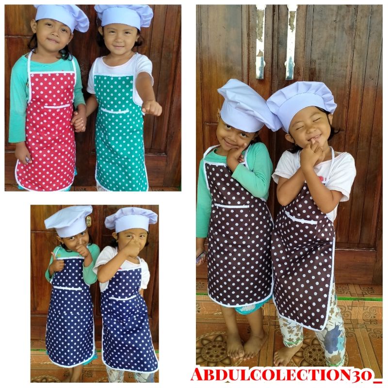 Jual Celemek anak apron "TK" plus Topi Koki chef putih lakilaki