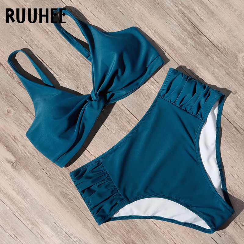 Jual Preorder Ruuhee Sexy Bikinis Leopard Solid Swimsuit High Waist