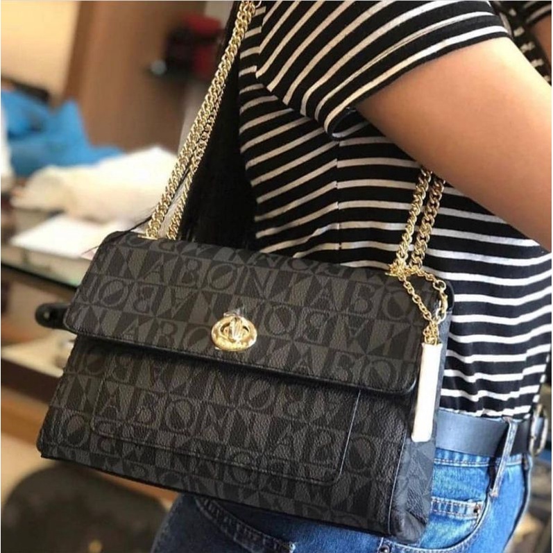 Tas Bonia Original Sling Bag Monogram Hitam Singapore Uk 23x6x14cm