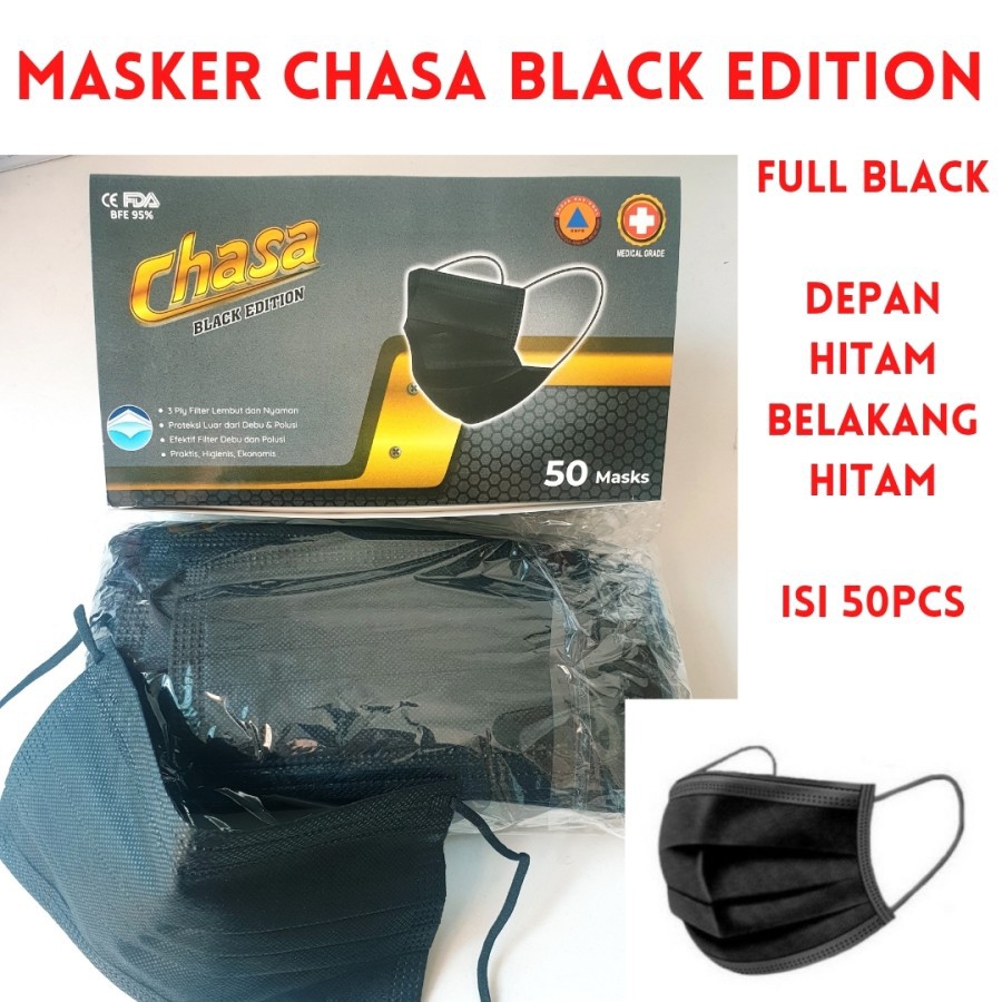 Jual Masker 3 Ply EARLOOP HITAM CHASA Isi 50 Pcs Black Edition - FULL ...