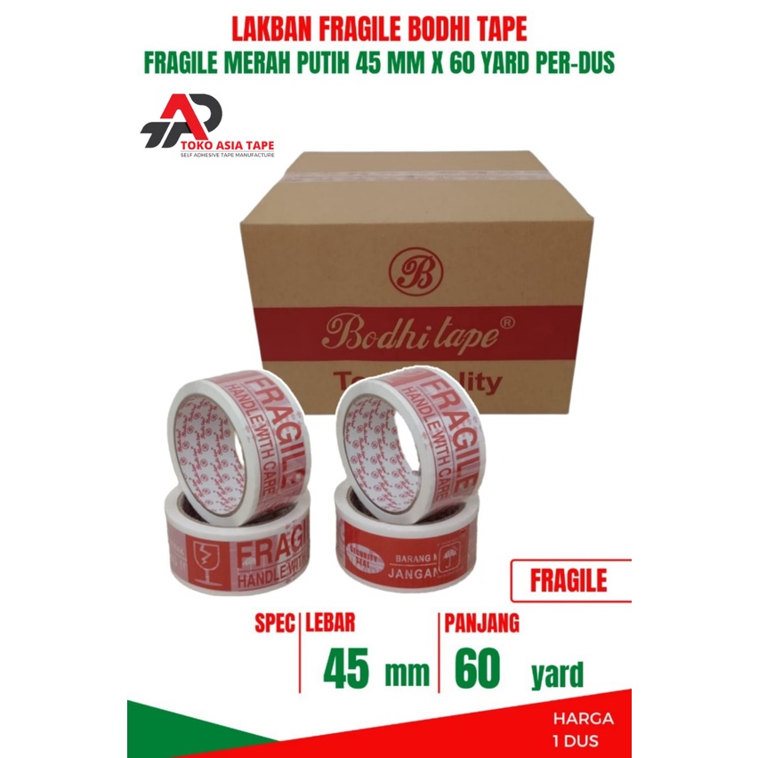 Jual LAKBAN PACKING FRAGILE MERAH PUTIH 45MM X 60YARD BODHI TAPE 1 DUS ...