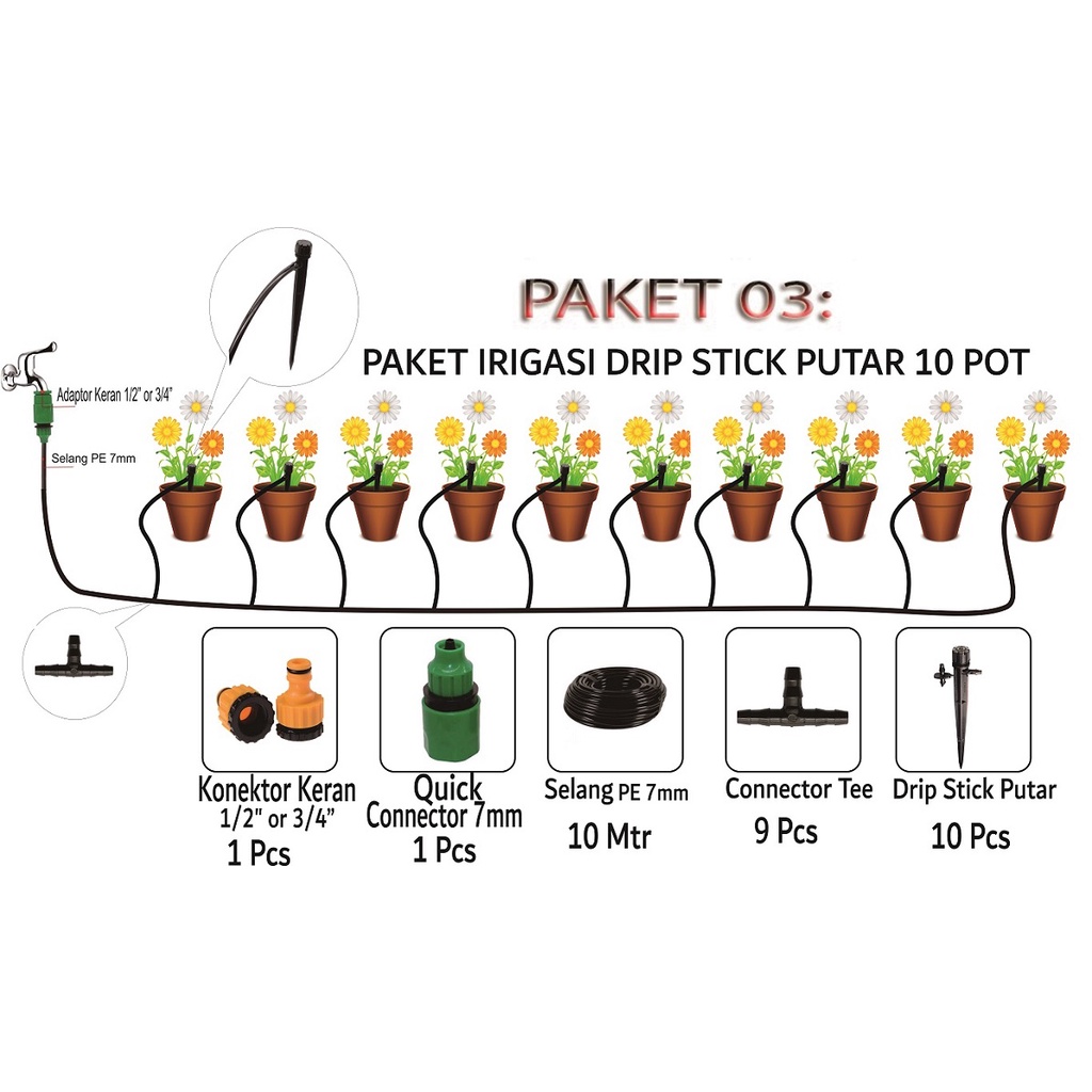 Paket Irigasi Pot Drip Stick Putar 10 Pot / Drip stik Putar / Paket 03
