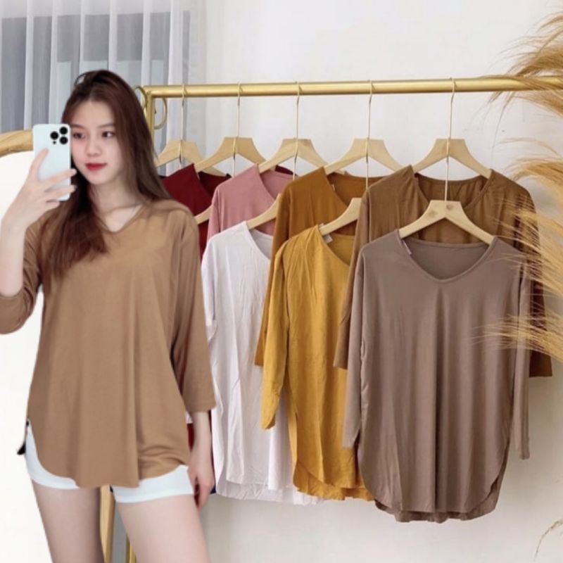 Jual Baju Atasan Wanita Kaos Polos Belah Samping 7/8 korean styile