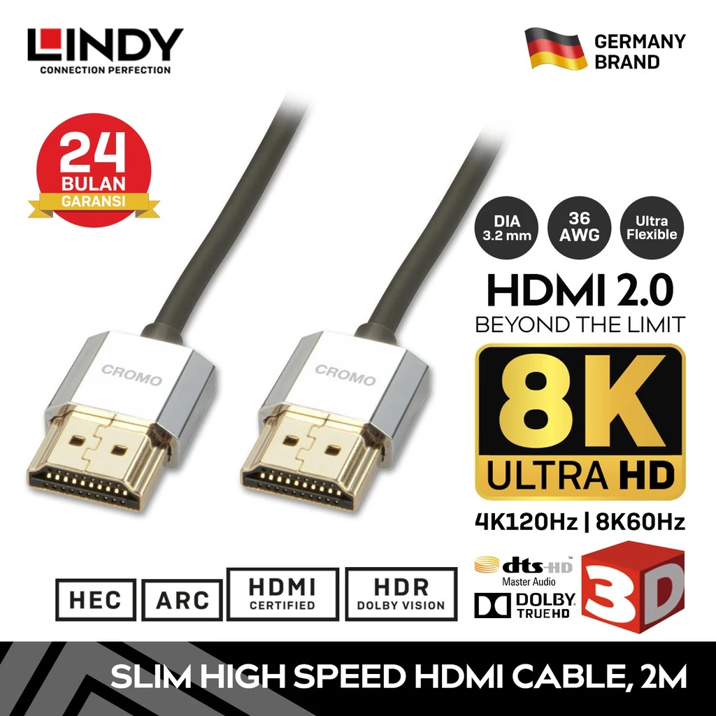 Kabel HDMI LINDY 2m Cromo Ultra Slim HDMI 2.0 Cable with Ethernet 8K 4K 2K 1080P 3D HEC ARC 18Gbps Kabel Flexible