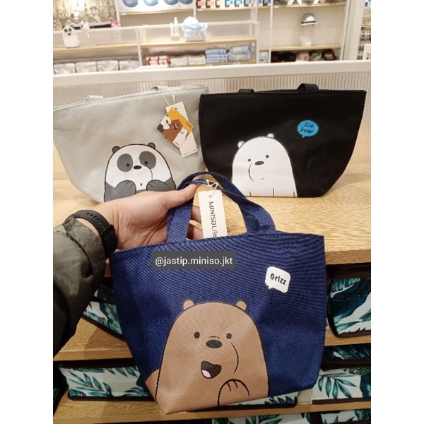 MINISO We Bare Bears Cotton Lunch Bag Sac for Boys Girls - Grizz