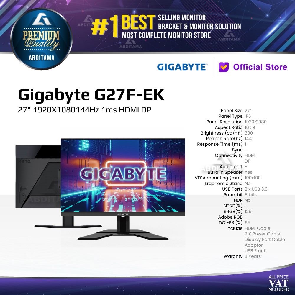 Jual Monitor LED Gaming Gigabyte G27F-EK 27" 144Hz HDMI DP | Shopee ...