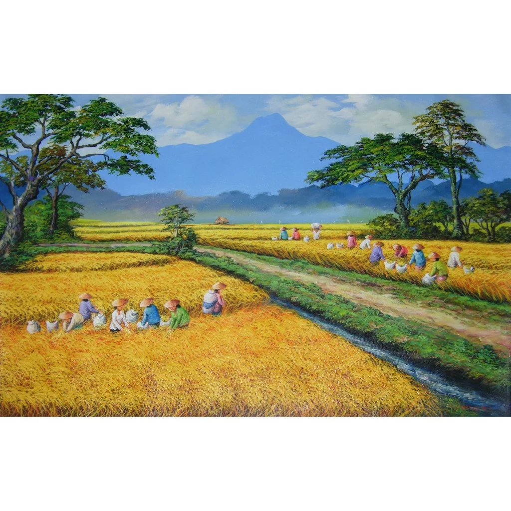 Detail Repro Digital Lukisan Padi Sawah Fabric