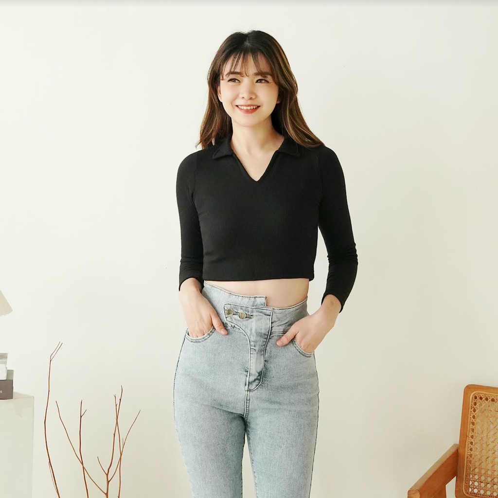 Jual Korean Longsleeve Crop Top Baju Lengan Panjang V Neck Croptop Lengan Panjang Wanita