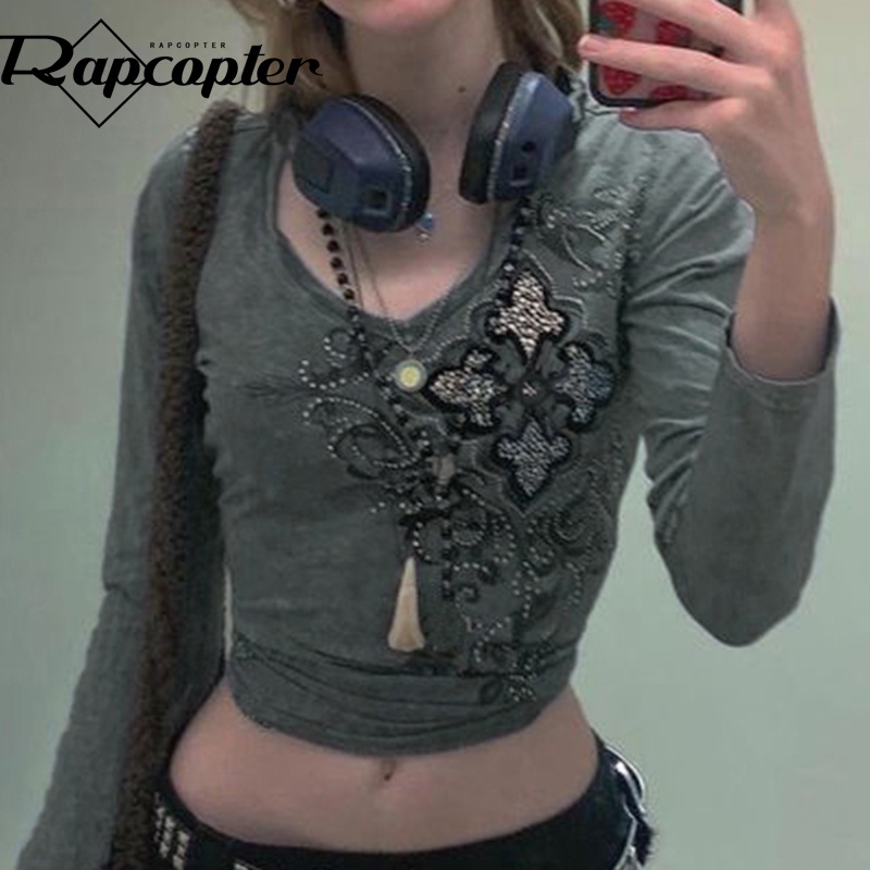 Jual Rapcopter Y2k Diamonds Crop Top Grey Cute T Shirt Full Sleeve O