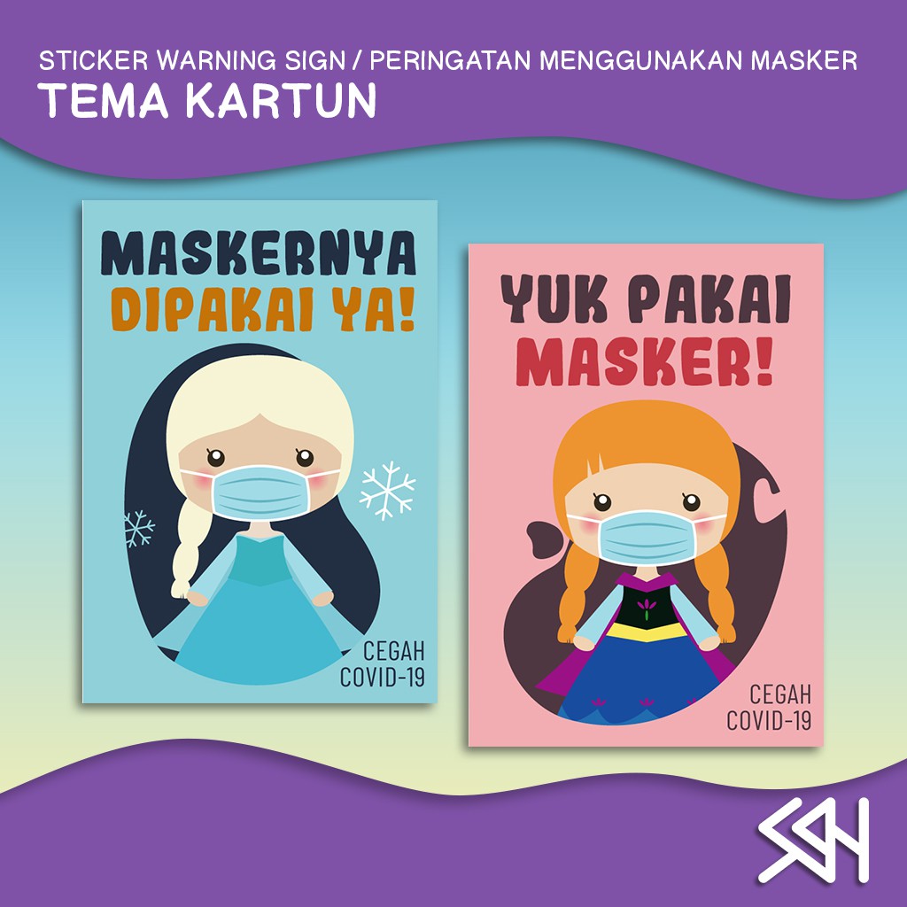 Jual Stiker Peringatan Sticker Warning Sign Menggunakan Masker Tema Cute Frozen Ukuran