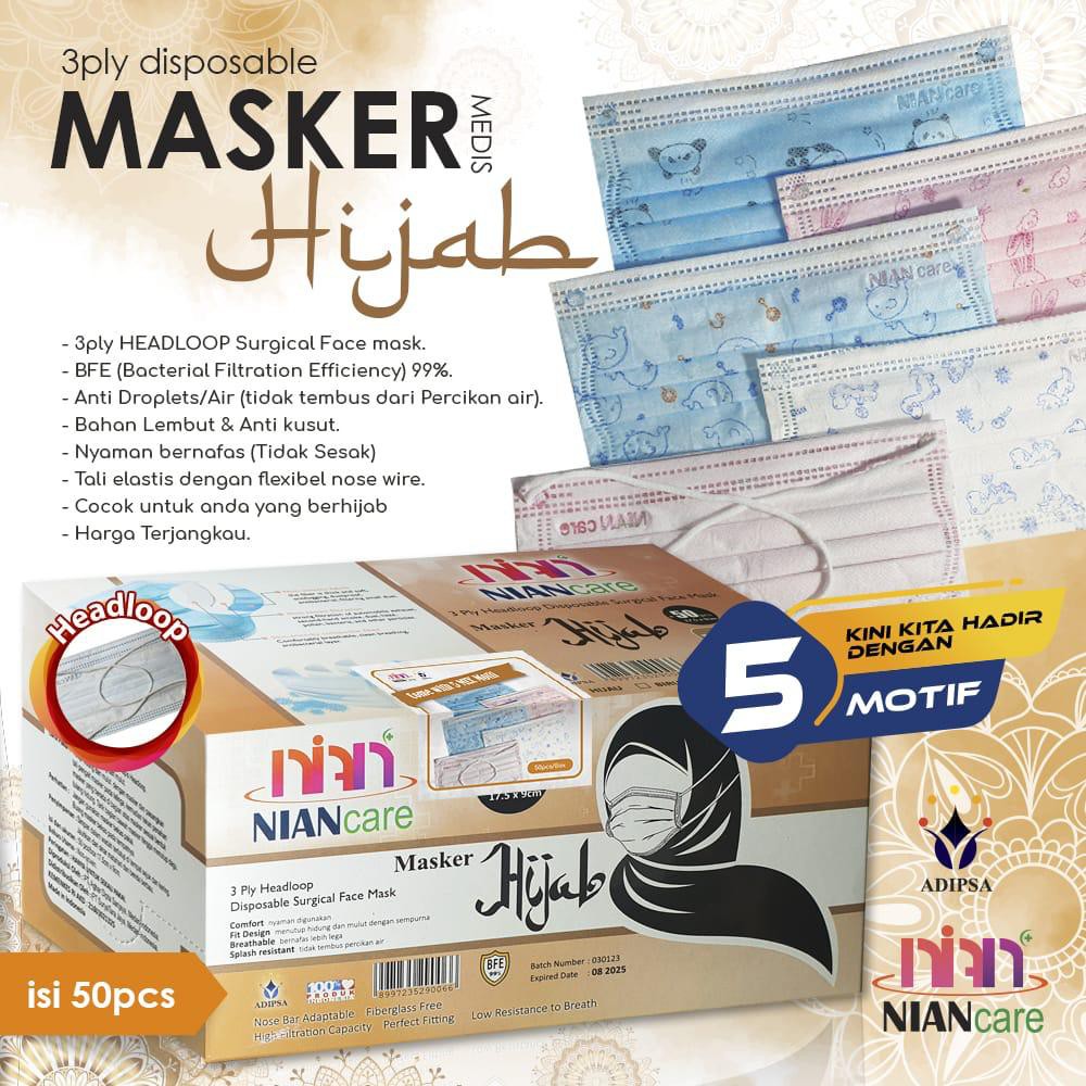 Jual MASKER 3 PLY / MASKER KESEHATAN / MASKER MEDIS HIJAB HEADLOOP NIAN ...