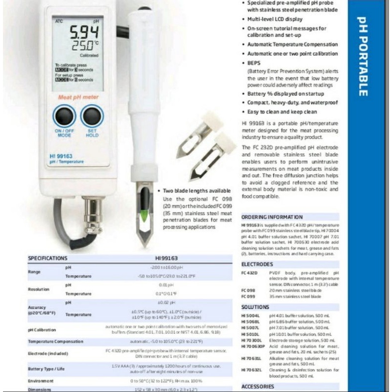 Jual Hanna instruments HI 99163 Handheld Meat pH meter/ph daging ...