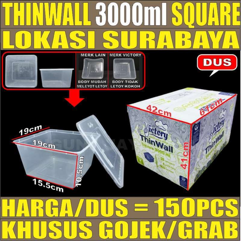 Jual Thinwall Square Sq 3000ml Food Container Box Per Dus Tempat Kotak Makan Plastik Surabaya 1059