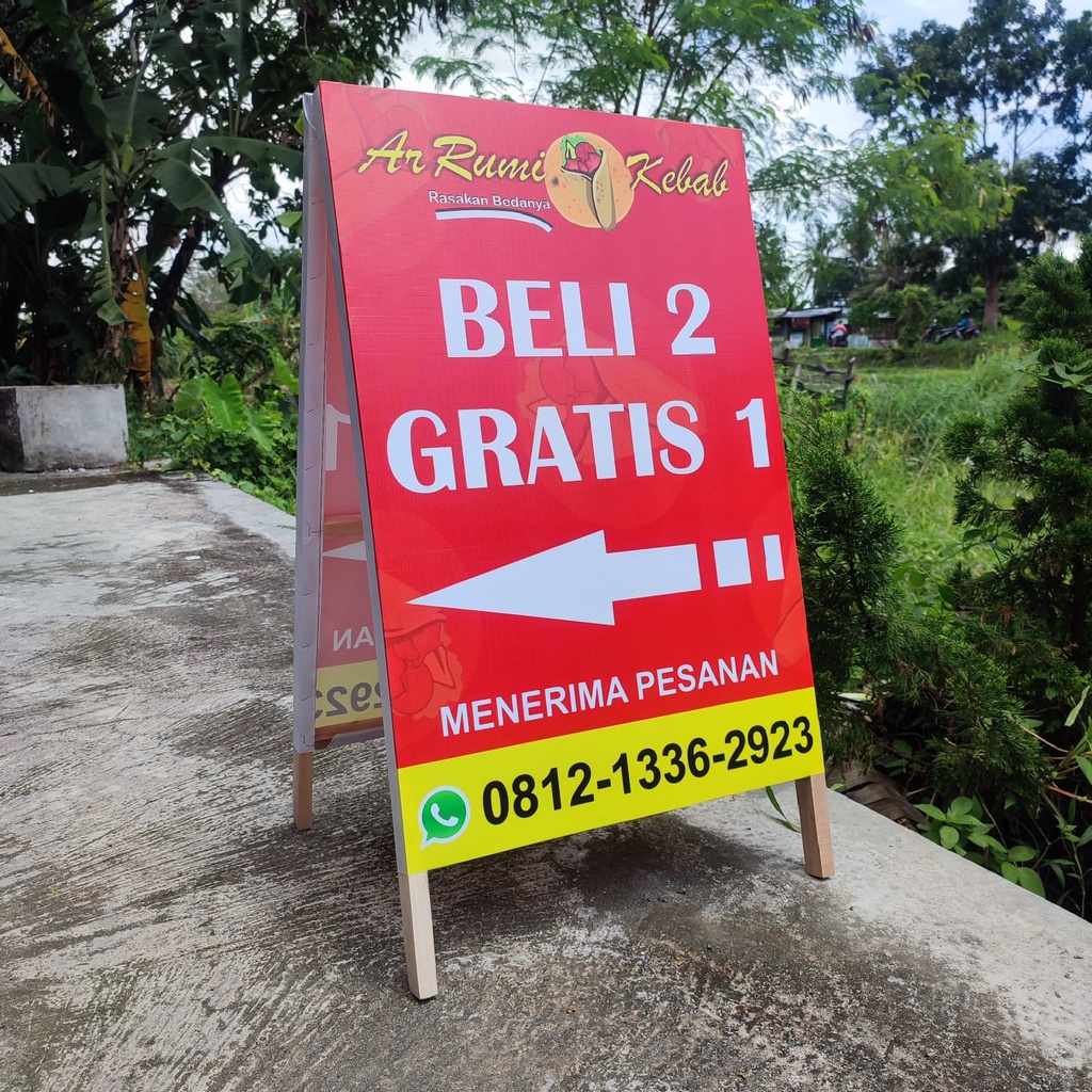 Jual Stand Banner Kayu Ukuran 50 X 85 Desain Segitiga Banner 2 Sisi