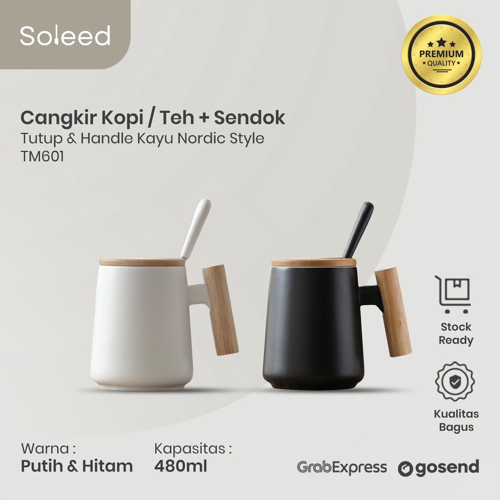 Jual SOLEED Cangkir Teh Kopi Tutup Dan Handle Kayu Sendok Nordic Coffee ...