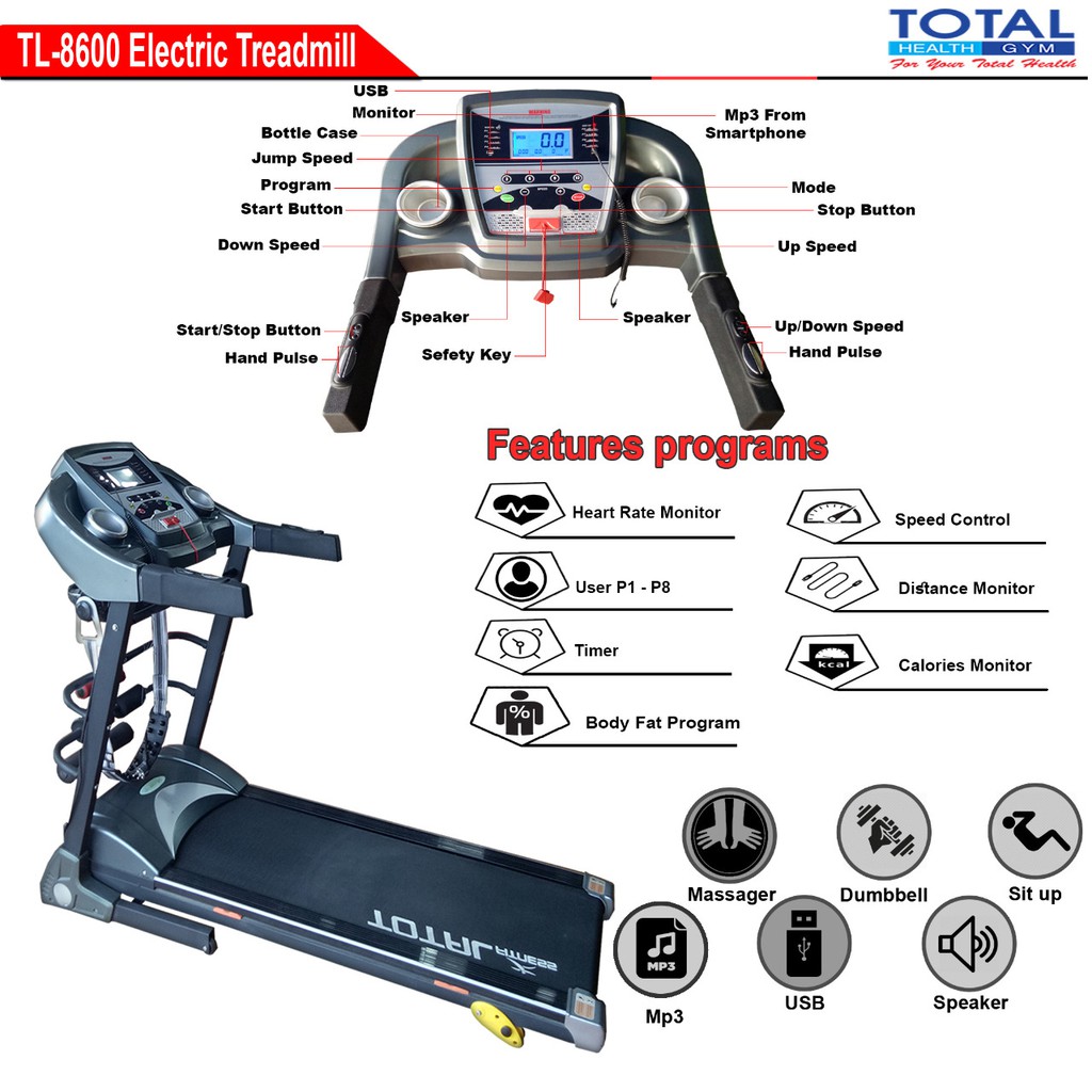 Jual Treadmill Elektrik 4 Fungsi Motor 2 HP TL8600 Manual Incline