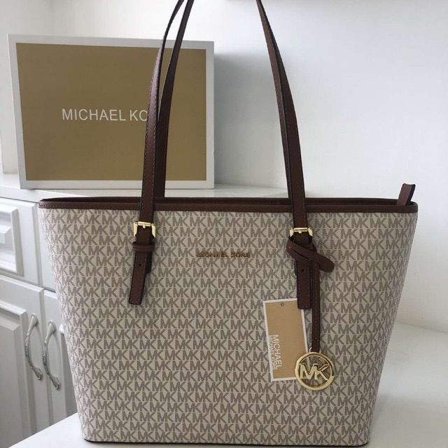 ORIGINAL 100 Michael Kors Totebag Logo Signature Kanvas MK Tas Kerja Wanita White