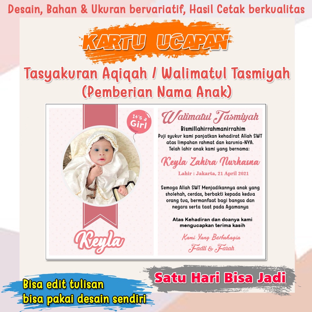 Jual Kartu Ucapan Tasyakuran Aqiqah Kelahiran Anak Bayi Walimatul ...