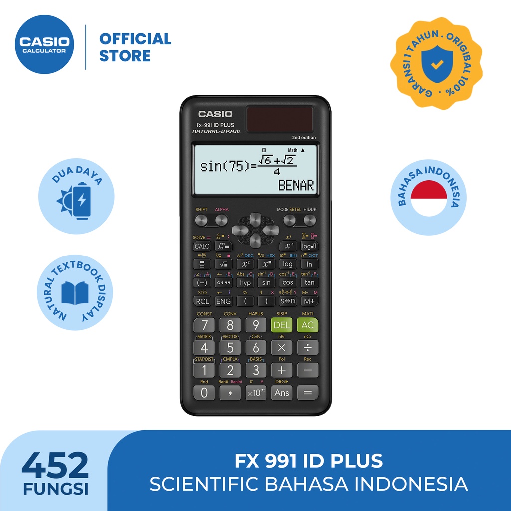 CASIO FX-991IDPlus -2nd edition-Bahasa Indonesia - Best Seller Terlaris Kalkulator Sekolah SMP SMA SMK Kuliah - Scientific - 451fungsi Statistik Trigo