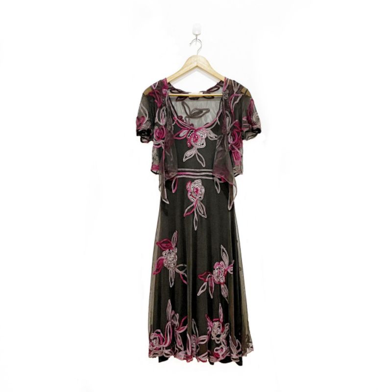 Jual Premium Black Pink Flower Dress Cardigan Dress Hitam Pink