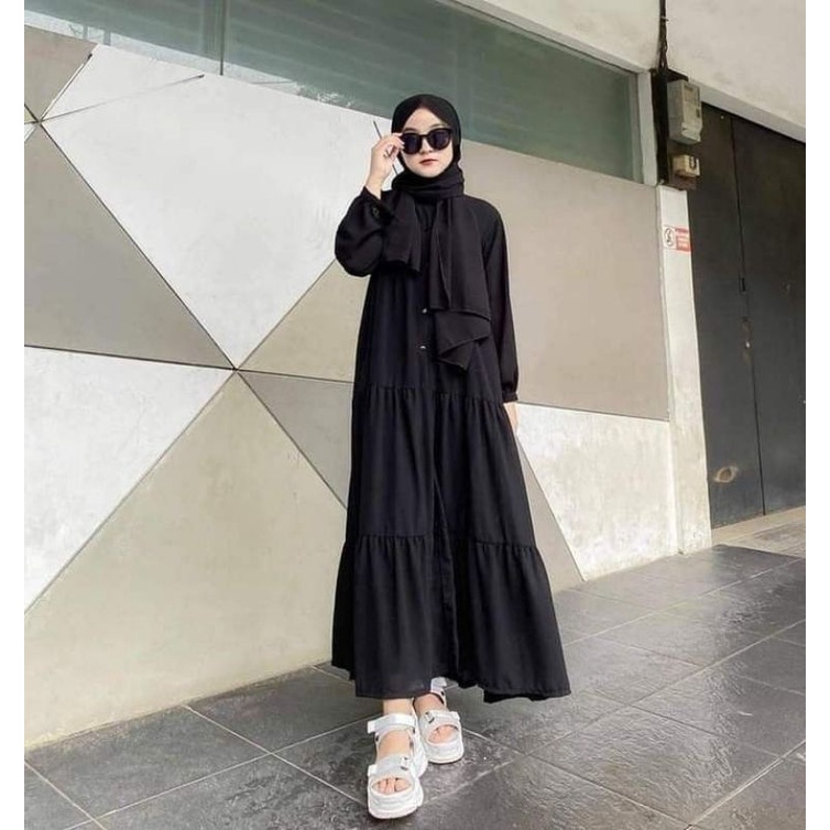 Jual Dress Ootd hijab babydoll modis hitam dan putih fulang gading