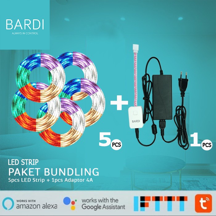 Jual BARDI Bundling 5 LED Strip RGBWW Wifi 2m & Adaptor 10M 4A Lampu