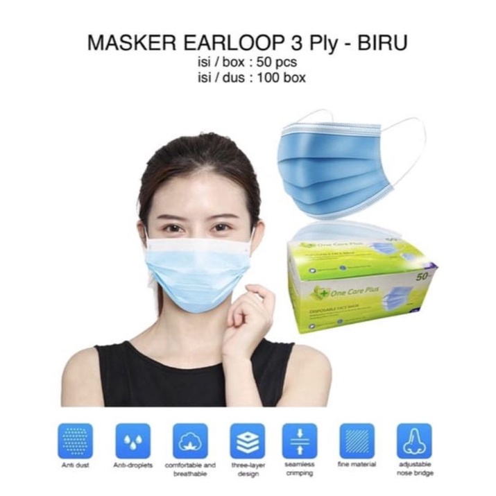 Jual Masker ONE CARE PLUS 3 Ply Biru Earloop | Shopee Indonesia