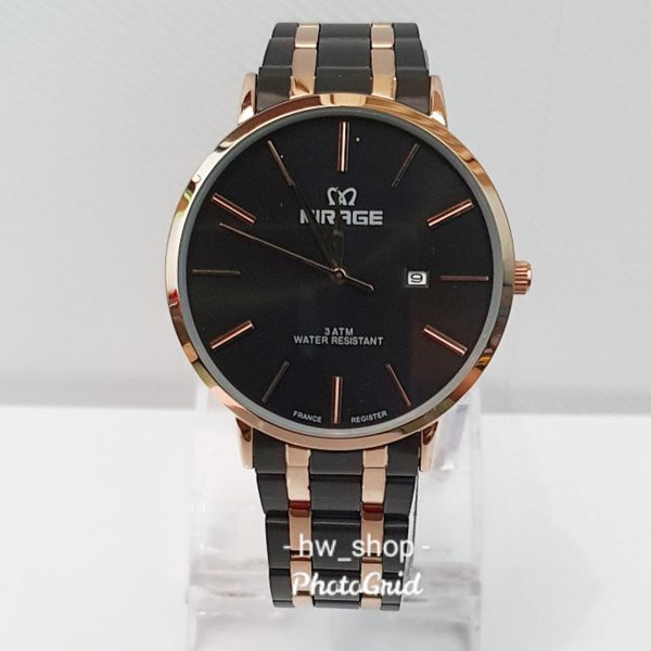 Jam Tangan Pria Mirage Original 8734 Hitam List Rosegold Bergaransi Water Resistant 3 ATM