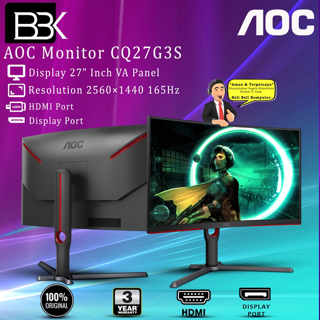 Jual Monitor AOC CQ27G3S 27" Curved QHD 165Hz 1ms sRGB 118% HDMI DP 3Yr ...