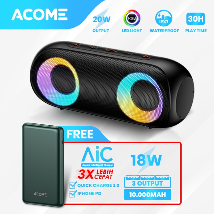 Jual ACOME Super Bass Speaker Bluetooth 5.0 20W IPX7 RGB Rave Party A20 ...