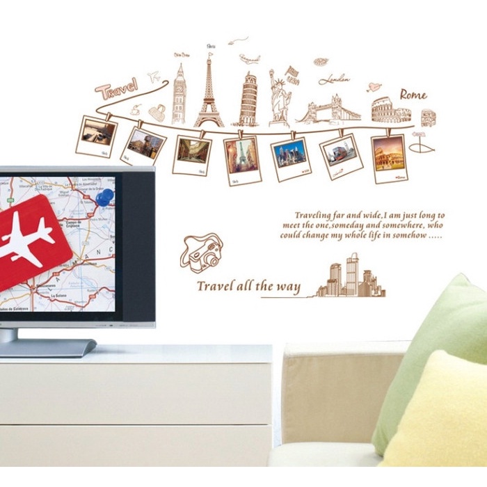 Jual set stiker dekorasi dinding motif bingkai foto travel all the way