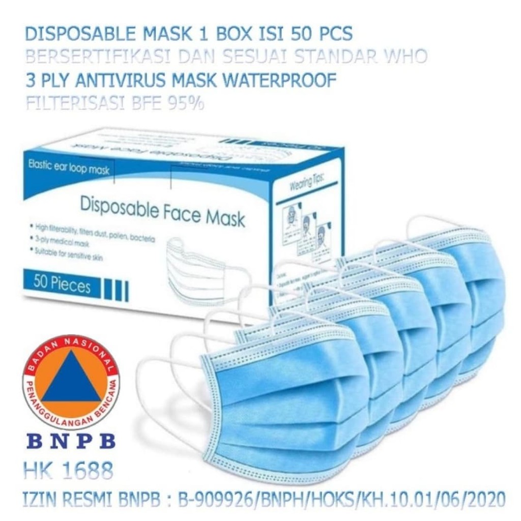Jual Masker 3 Ply Disposable Mask 3 Ply Earloop 1 Box Isi 50 pcs ...
