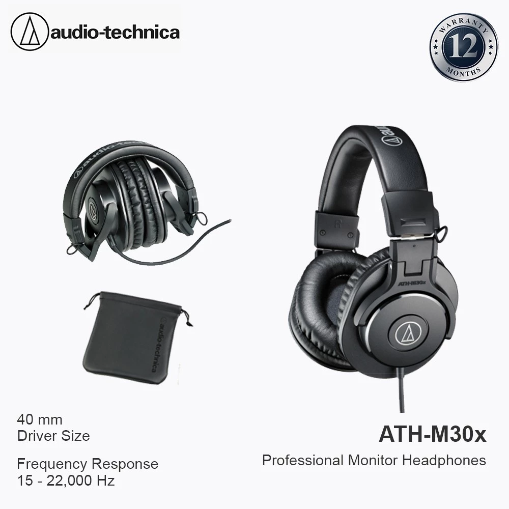 Audio technica ATH M30x Professional Studio Monitor Headphones - Hitam