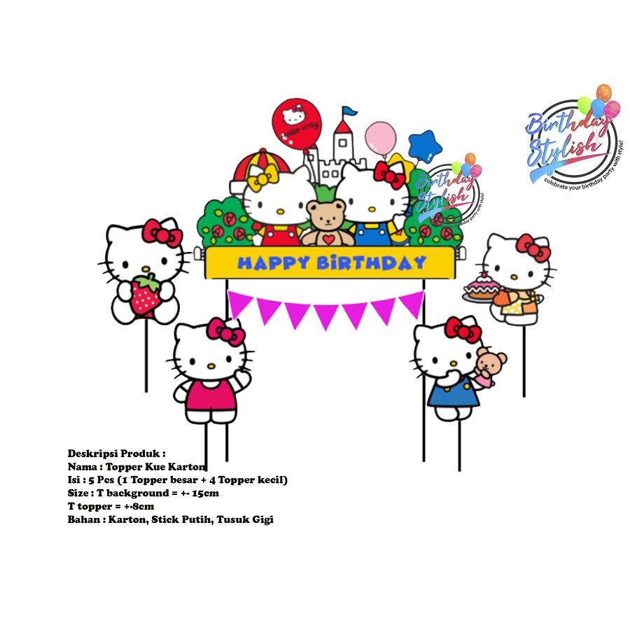 Jual Topper Kue Hello Kitty Karton/ Hiasan kue Ulang Tahun / Background