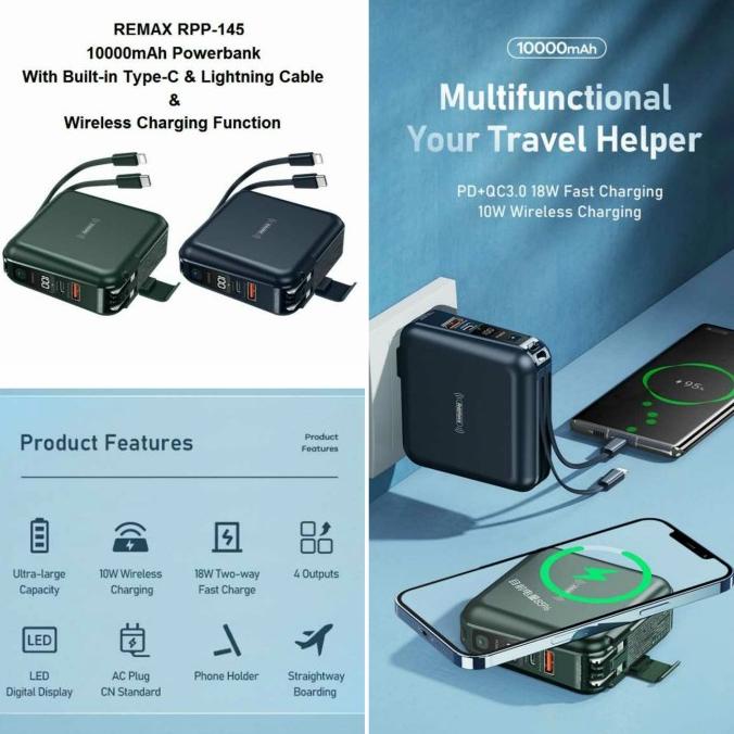 Jual REMAX RPP-145 - 10000mAh Built-in Cable Powerbank with Wireless ...