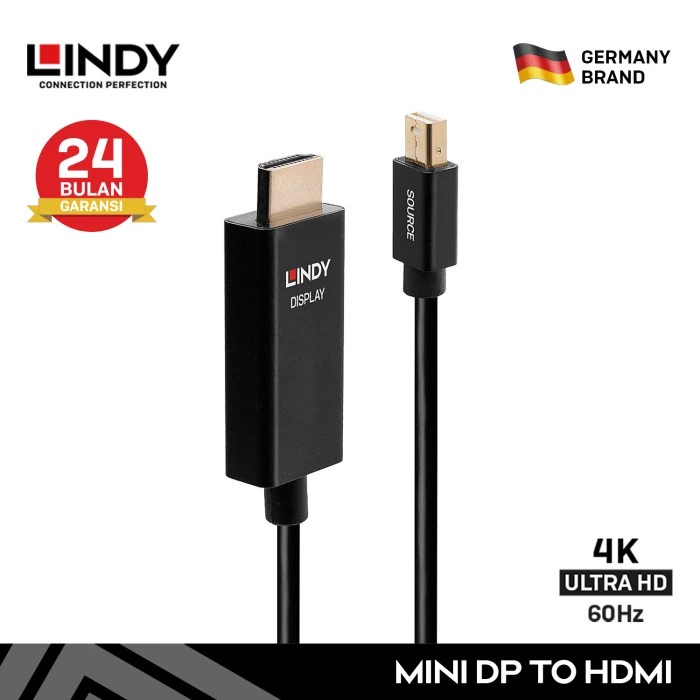 LINDY Kabel Mini DisplayPort to HDMI 2M 3M Mini DP to Hdmi Thunderbolt Mac Laptop to Monitor Cable Male to Male 4K 60Hz 