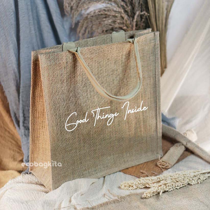Jual Tote Bag Jute Bag Tas Goni SQUARE CUSTOM NAMA atau Tulisan
