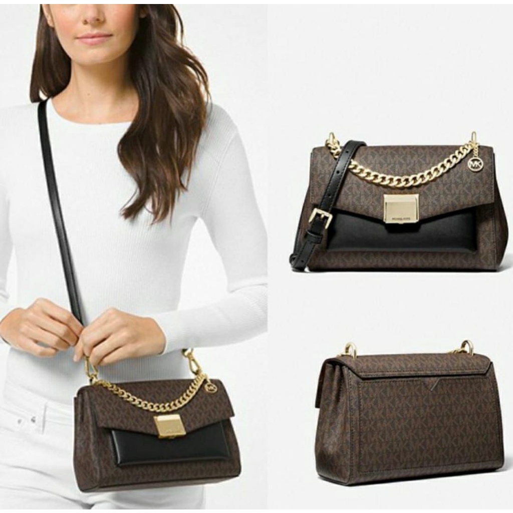 Jual Tas Michael Kors Lita Medium Brown Black Signature New Original Shopee Indonesia