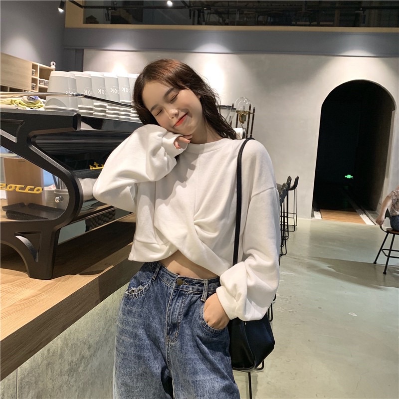 Korean Style Baju Sweater Crop Long Sleeve Crop Top Korean Fashion Solid  Loose Y2K T-shirt