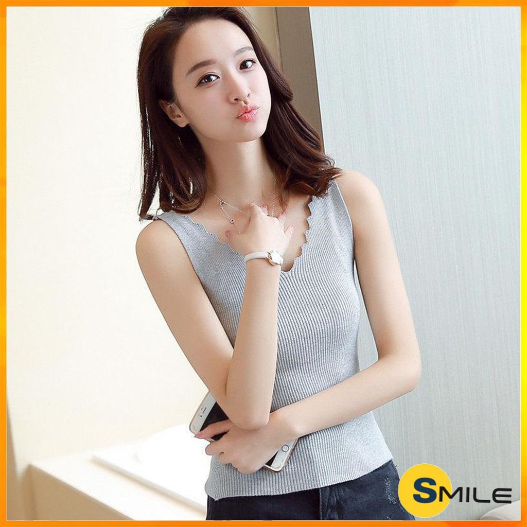 Jual Smile Tank Top Wanita Rompi Rajut Tanpa Lengan Model V-Neck Import ...