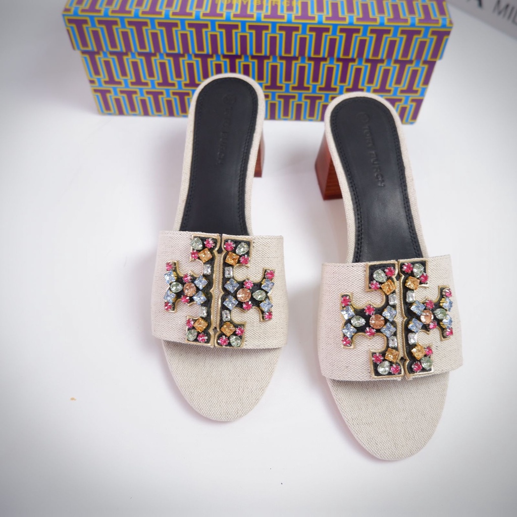 Jual SANDAL WANITA TORY BURCH LINEN INES EMBELLISHED MID HEEL