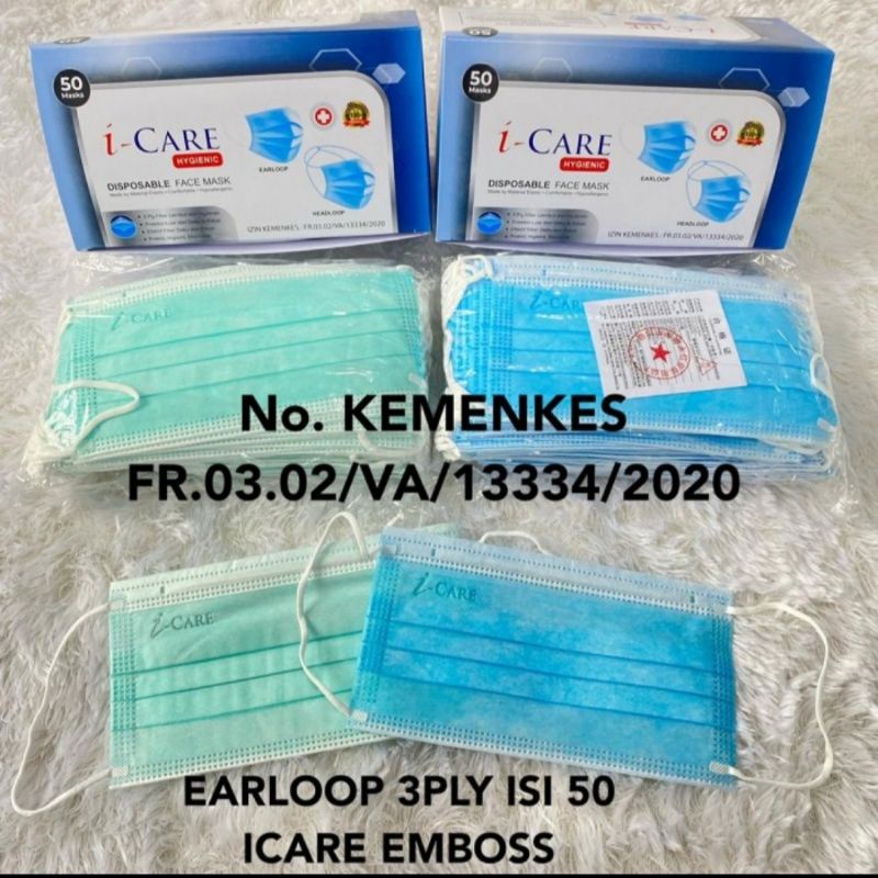 Jual Masker I-care 3ply Earloop Isi 50pcs(emboss) | Shopee Indonesia