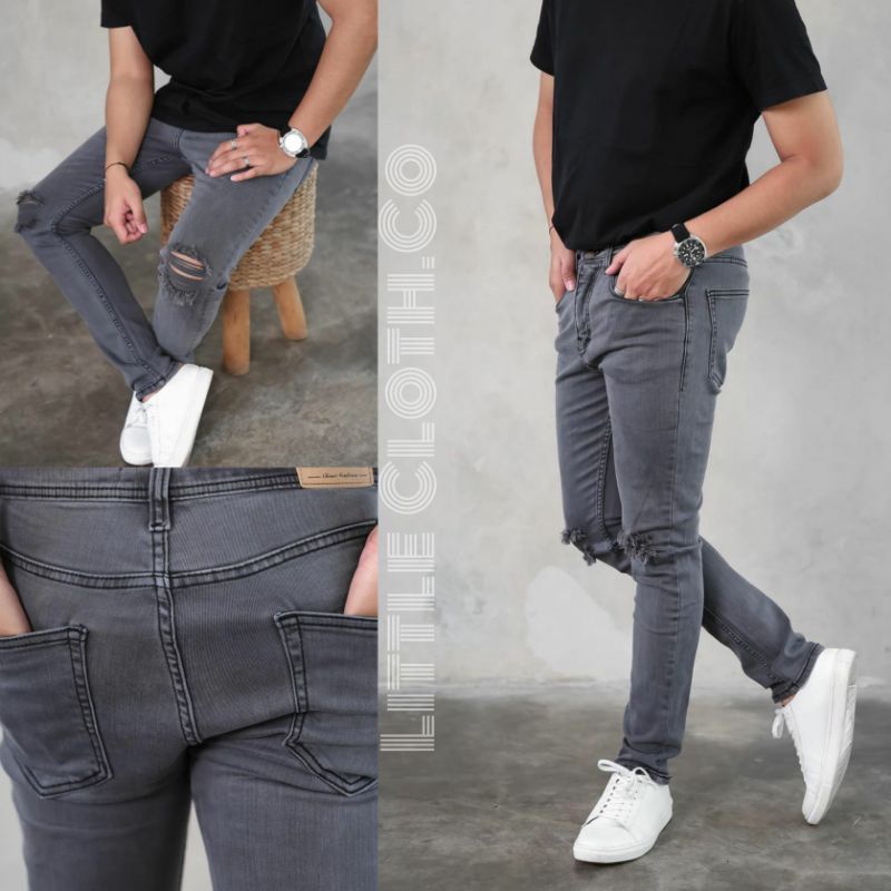 Jual Celana Jeans Pria Sobek Lutut Robek Ripped Soft Denim Premium Size