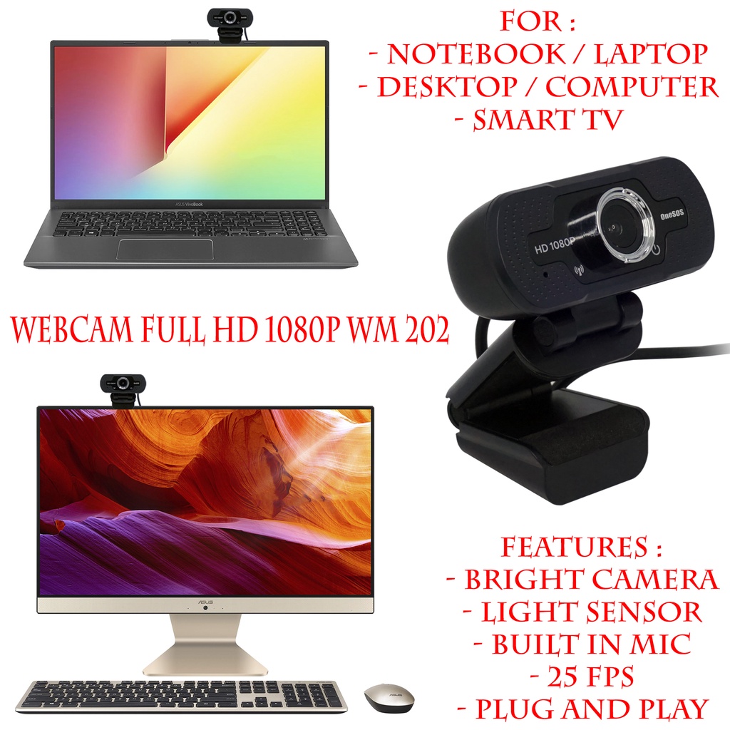 Webcam HD 720P OneSOS HD 1080P Portable Camera Laptop Komputer Smart TV  With Microphone
