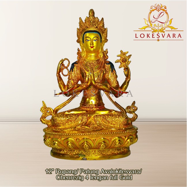 Jual Patung Rupang Arca Logam Avalokitesvara 4 Lengan 12inch Full Gold ...