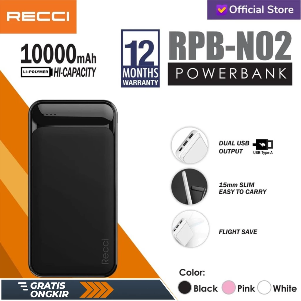 RECCI RPB-N02 Powerbank Ultra Slim 10000mAh Pink/Putih/Hitam