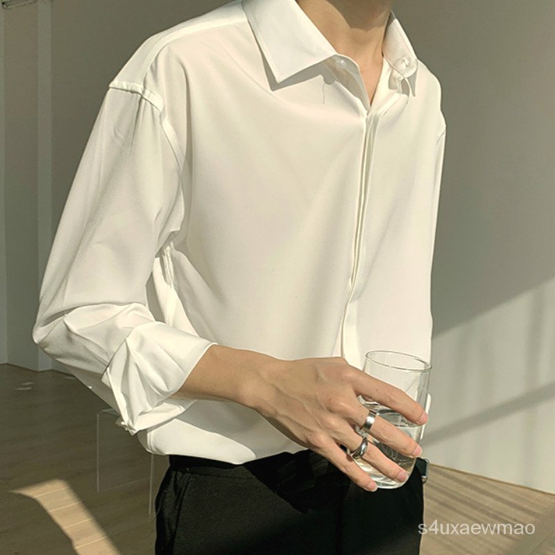 Long-Sleeve Camp Collar Plain Shirt